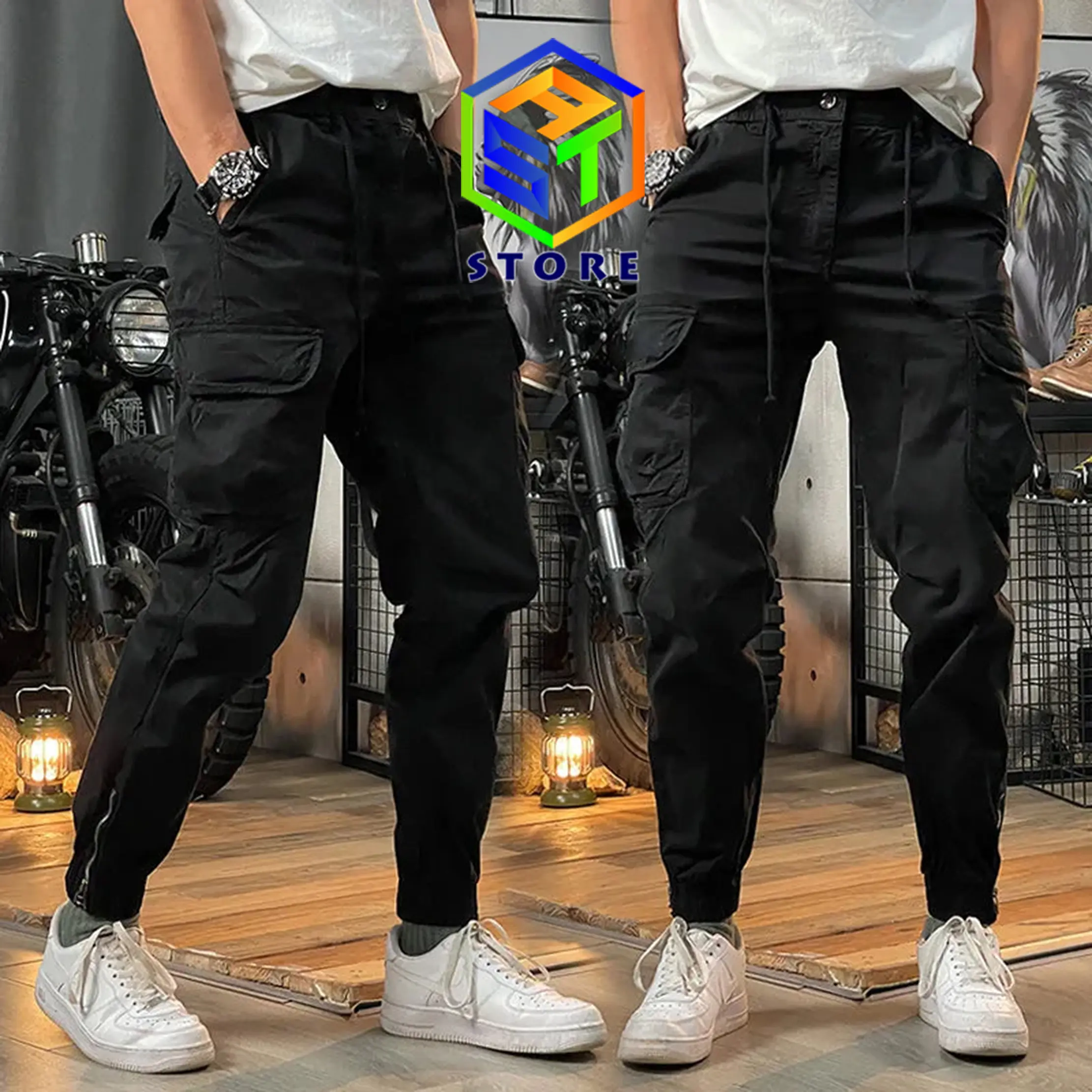 Celana Pria Wanita Cargo Combat Pants Warna Black Bahan Kain Twill Stretch Melar Model Stylish