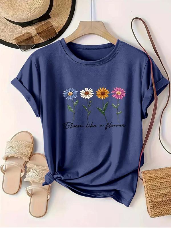 【Plus Size】 Daisy Print Round Neck Tee, Casual Short Sleeve Crew Neck T-Shirt for Summer, Women's Plus Clothing for Daily Wear, Top 2