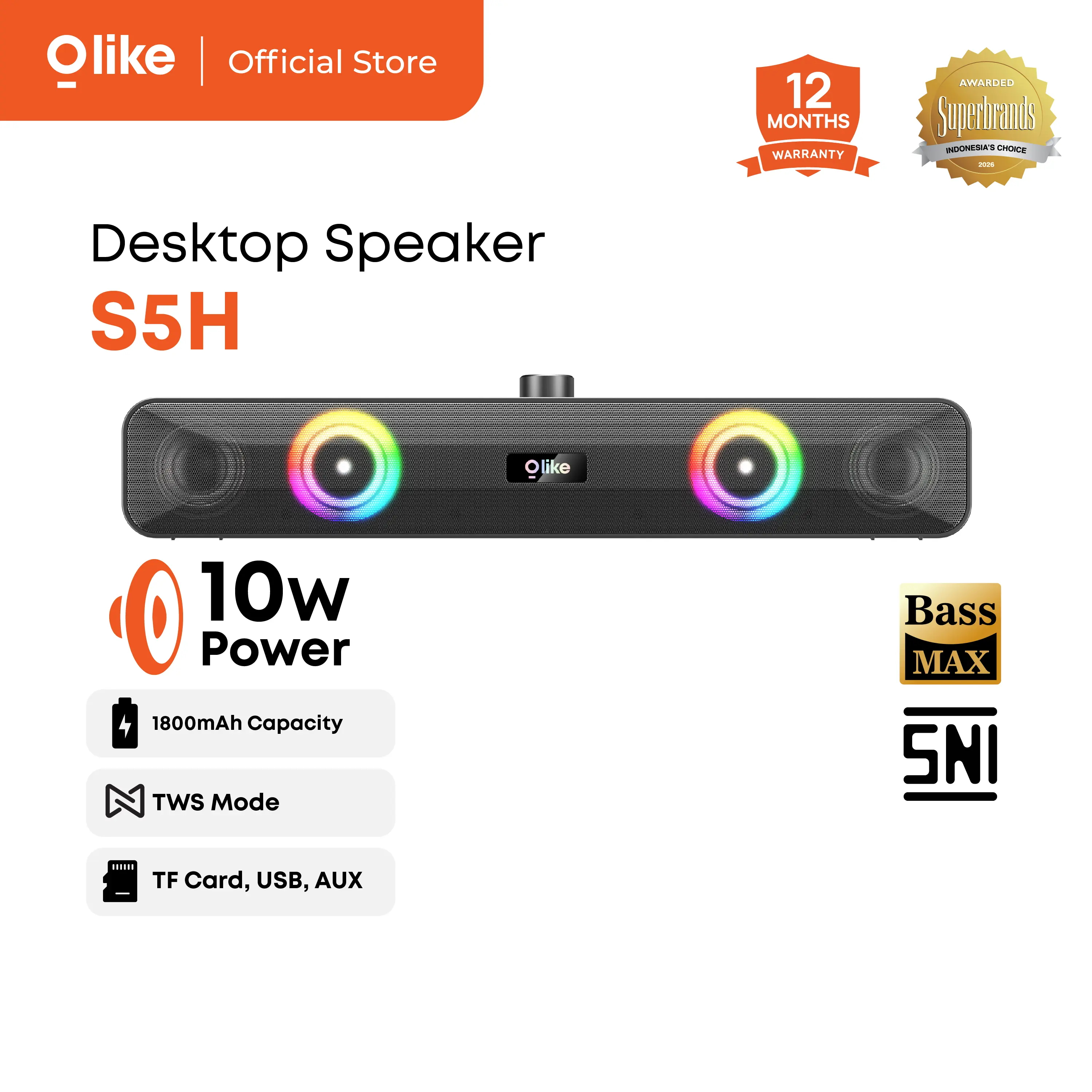 [HOT SELL] Olike S5H Speaker Bluetooth | Portable Soundbar Gaming | RGB Light | Stereo Bass | Tahan Air | Bluetooth 6.0 | Termasuk Kabel AUX | RESMI SNI | Garansi 1 Tahun