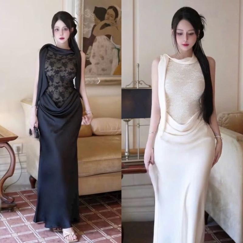 Có bigsize-From chuẩn-có sẵn Đầm dài ren phối lụa nhún eo đổ tua rua vai sang trọng Kho Sỉ Hải Chuyền Đ202