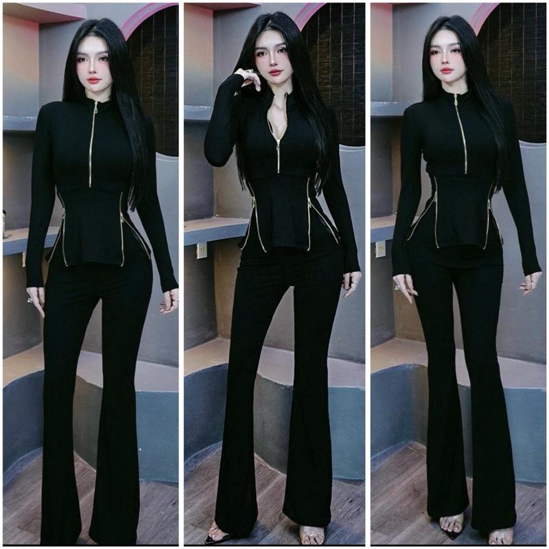  BÍCH HẠNH STORE S582 SET QUẦN LOE ÁO TAY DÀI PHỐI DÂY KÉO VÀNG SANG TRỌNG ÔM DÁNG CHO PHỤ NỮ MODERN 