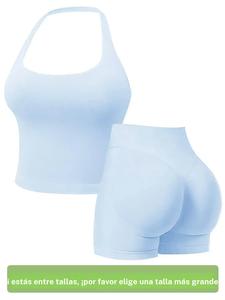 Conjunto deportivo para mujer: top sin costuras tipo halter y shorts de alta elasticidad, con copas para el pecho y espalda descubierta; ideal para correr al aire libre, gimnasio y entrenamiento.