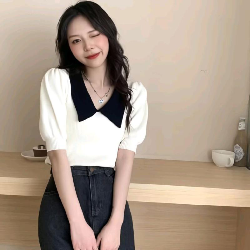 Baju Fashion Wanita Rajut Style Polos Kerah V Atasan Knit Lengan Pendek Korean 0