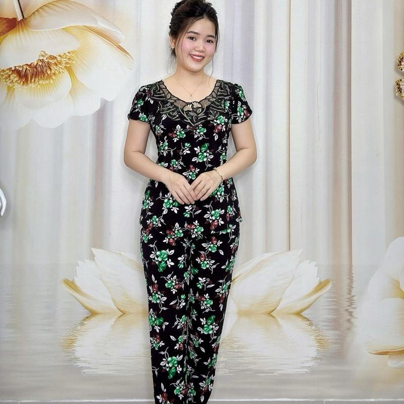 B55 Đồ bộ bông thun nữ trung niên hoạ tiết hoa cổ điển, cổ ren thương hiệu Hải Sơn Women