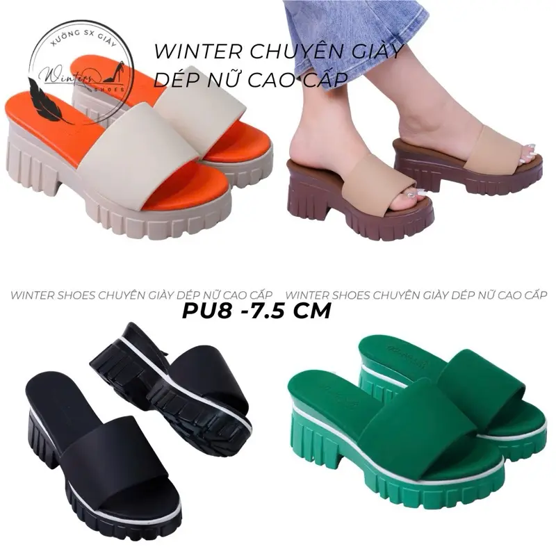Dép cao bản ngang (PU8 7.5cm) 6 tông màu xinh xắn thời trang Shoes GiàY DéP Nhung Nữ