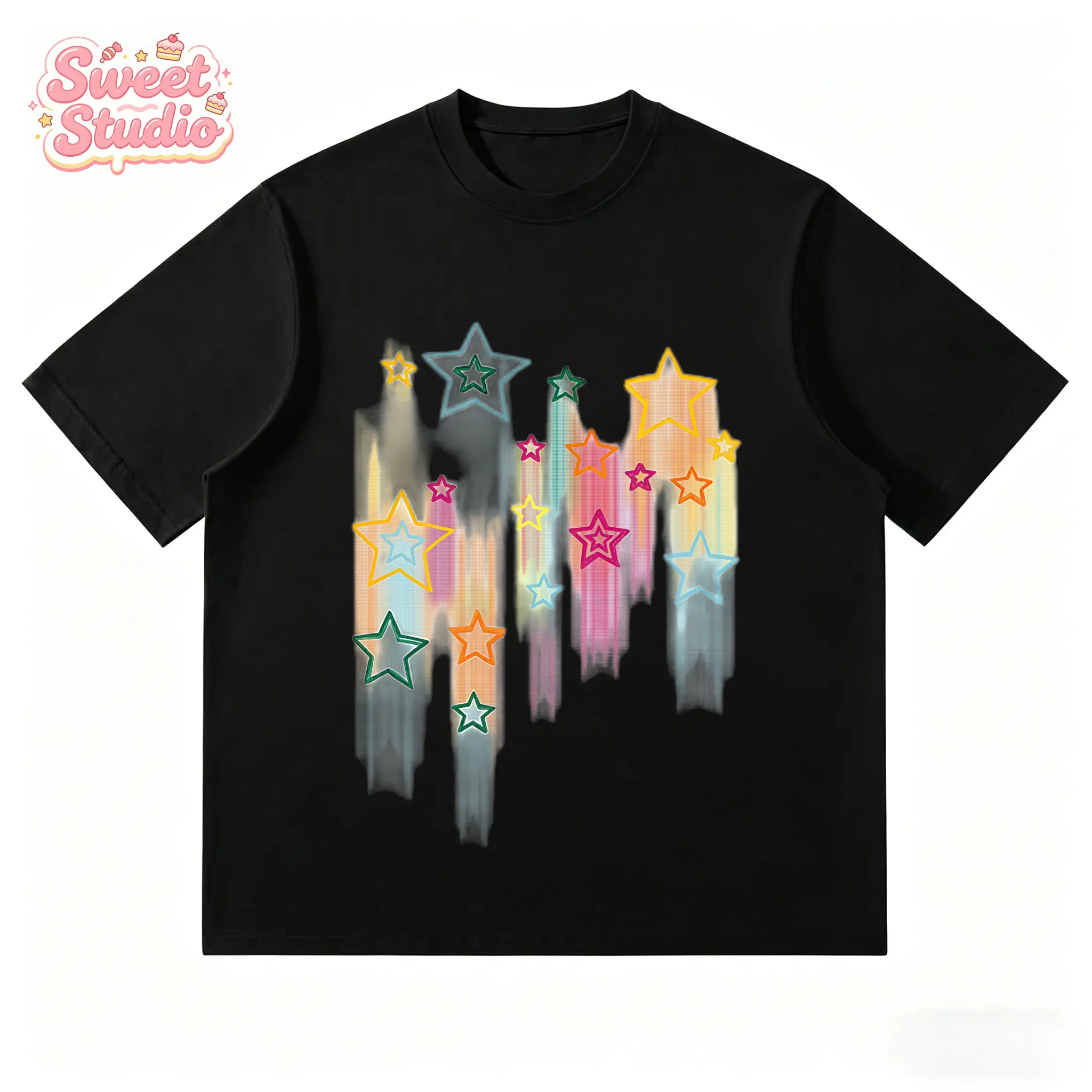Sweet Studio Kaos Couple Unisex Motif Bintang Gradien Aesthetic Korea LSW090 - Atasan Lengan Pendek Oversize Katun 220 gsm Nyaman untuk Pelajar
