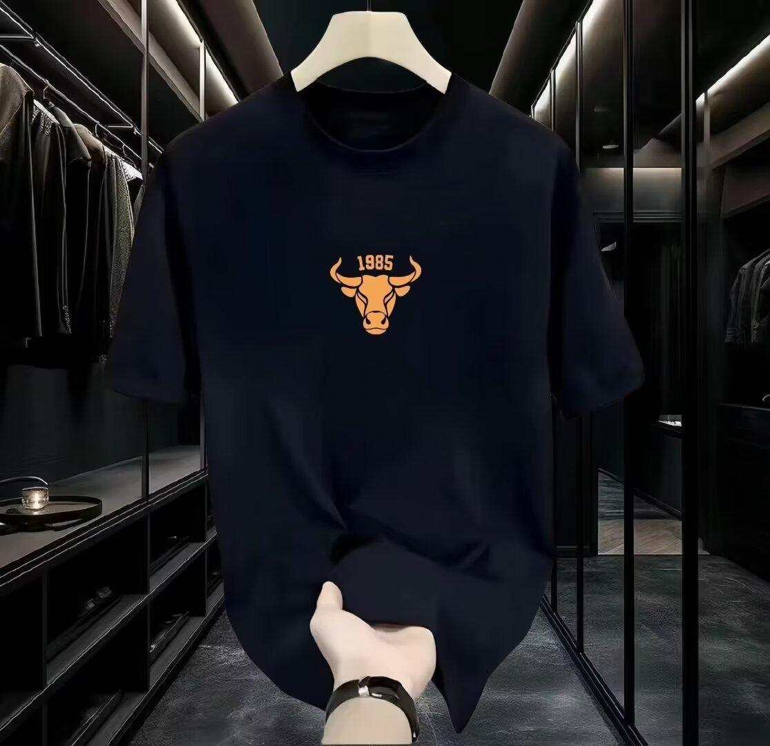 Men's streetwear slim-fitting short-sleeved t-shirt men's new bull's head letter trendy brand trendy round neck printing fashionable pure cotton trendy loose men's and women's retro novelty pattern printing | Kekinian