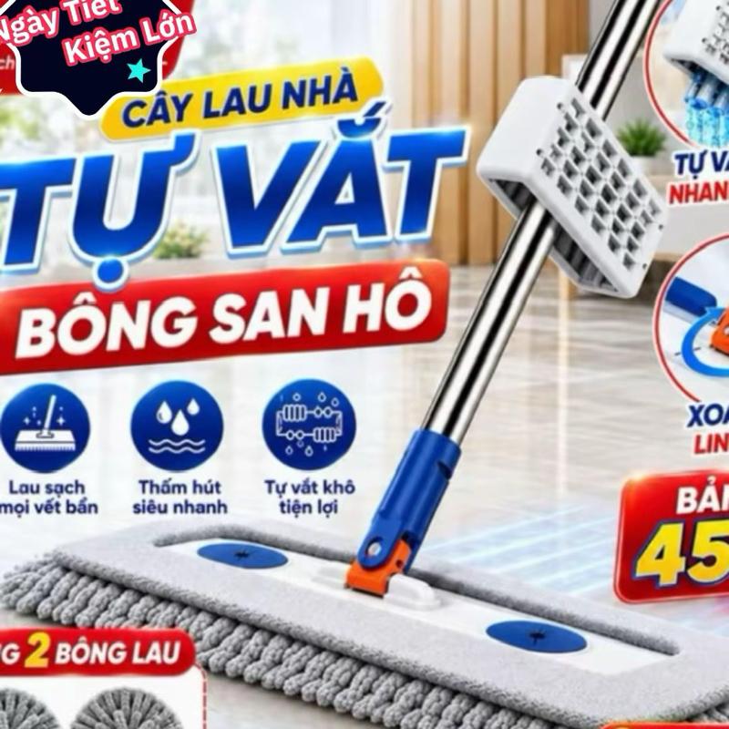 Mẫu Mới 2026.(1 chổi +2 Bông Lau) Cây Lau Nhà San Hô 45x12Cm .Xoay 360 Độ ( Không kèm Xô)