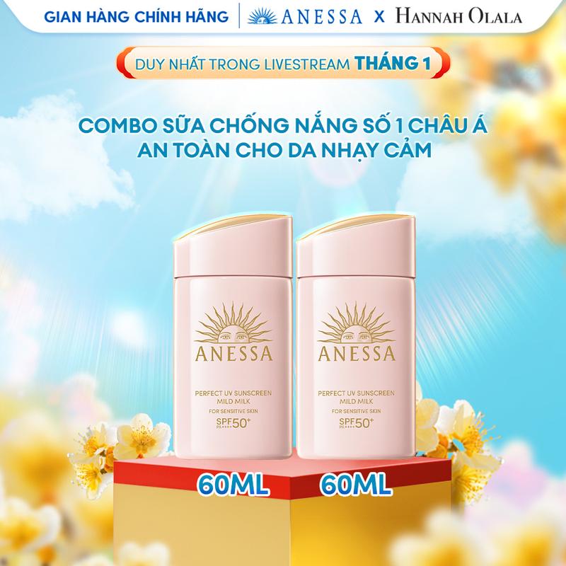  Anessa x Hannah - Combo Sữa chống nắng dưỡng da dịu nhẹ an toàn cho da nhạy cảm và trẻ em Anessa Mild Milk SPF50+ PA++++ 60mlx2 