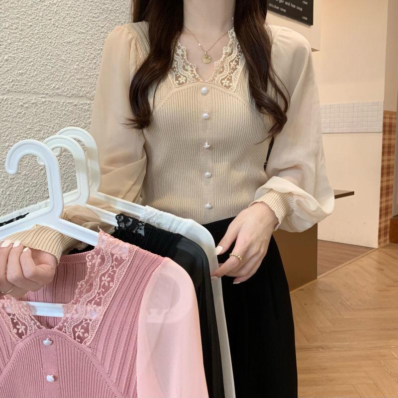 Áo Voan Dệt Kim Chắp Vá Cho Nữ, Áo Ngắn Có Cúc, Phong Cách Hàn Quốc, Cổ Chữ V, Kiểu Pháp