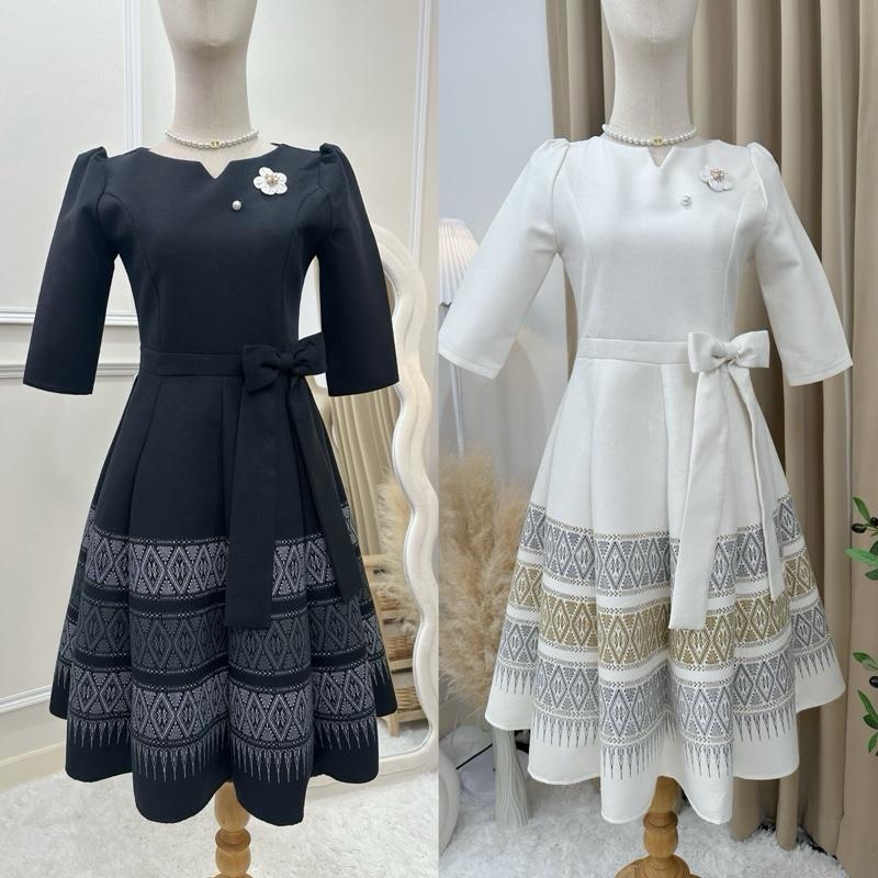 เดรสคอหยดน้ำแขน3ส่วนผ้าฝ้ายพิมพ์ลายอัดกาว  S-4XL [SRY06]