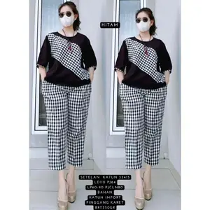 setelan  merah putih.  katun kotak kombi crinkel airflow bahan nyaman pas untuk santai Wanita Crinkle Celana Kulot Dewasa Panjang Baju Pendek Remaja Casual jeans atasan