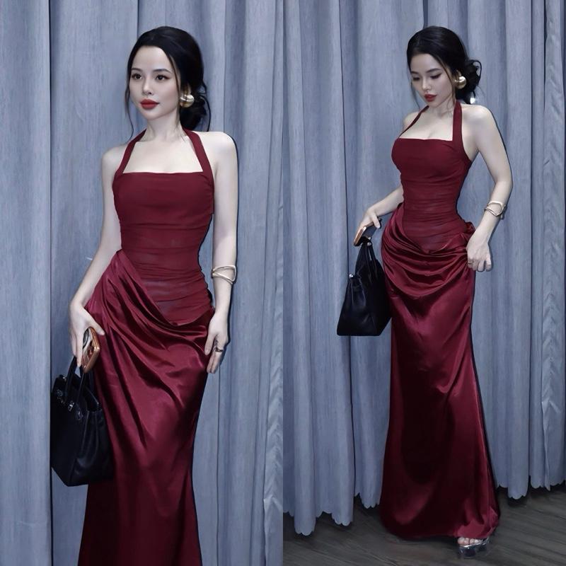  Đầm cổ yếm lưới nhúng phối lụa sang chảnh 