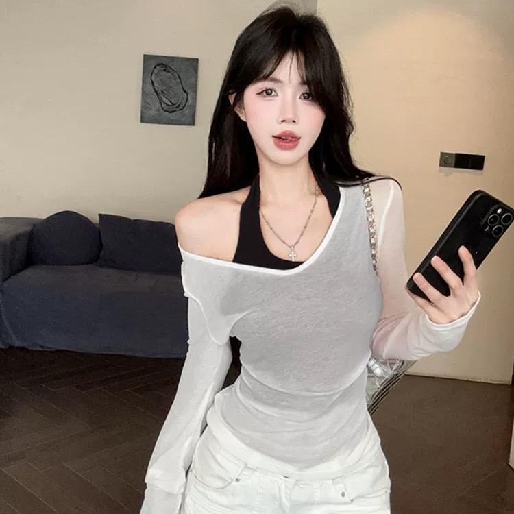  Áo kiểu cổ tim tay dài dáng ôm thun giấy mỏng phối áo yếm xinh MS-02 