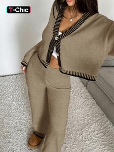 Conjunto de suéter de bloque de color con cuello en V para mujer, top corto de corte holgado y pantalones de cintura alta y pierna ancha, tejido de punto para otoño invierno