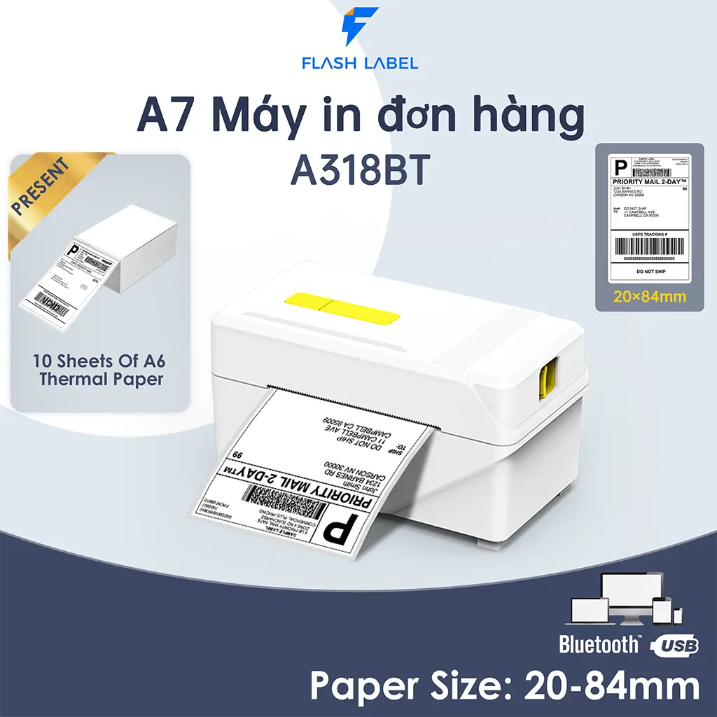 Máy In Nhiệt FlashLabel A318BT in trên máy tính và điện thoại In Khổ A7 In Đơn Hàng, Phiếu Gửi, Minicode, Logo Tự Dán. may  in máy  bắn