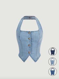 Top de mezclilla para mujer con botones frontales y cuello halter, moda veraniega elegante, cómodo y moderno, perfecto para uso casual e ideal para el uso diario
