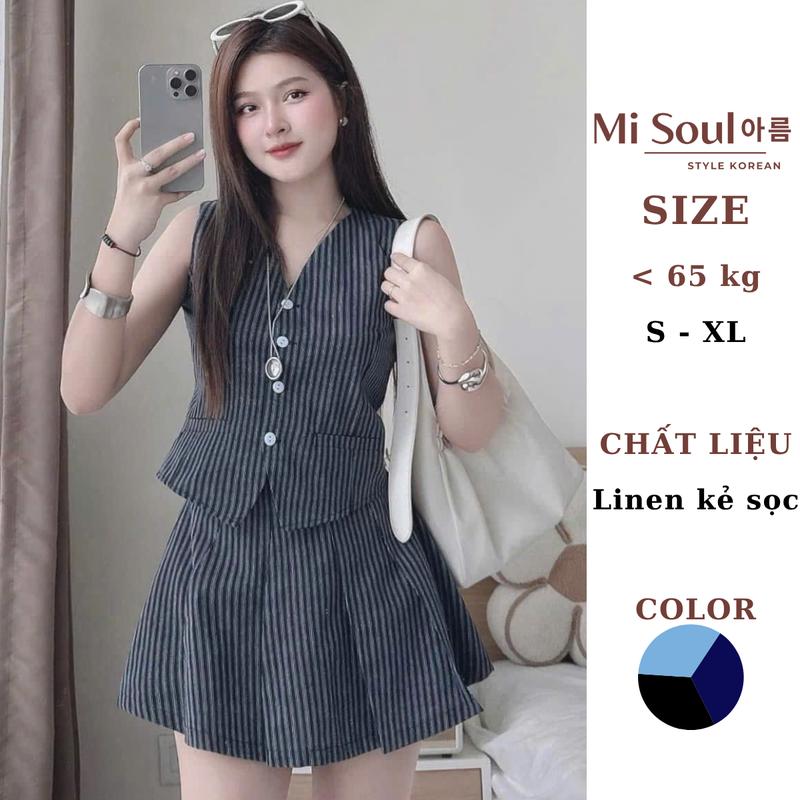 Set Bộ Gile Nữ MiSoul Kẻ Sọc Cổ V Thanh Lịch Áo Gile Kết Nút Mix Quần Váy BigSize Chất Linen 456