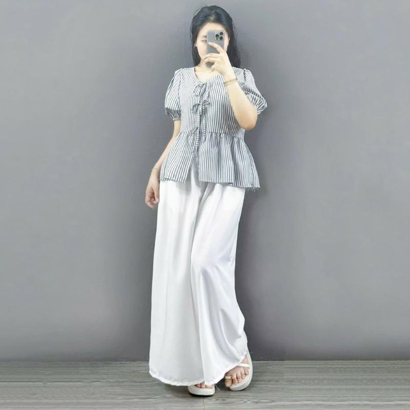 Set Bigsize Hè Trẻ Trung CÓ LẺ ÁO QUẦN Áo Babydoll Tay Bồng Mix Quần Suông Ống SIÊU RỘNG Tôn Dáng Cho Chị Em Chuppy 58-92Kg - A190 Q530