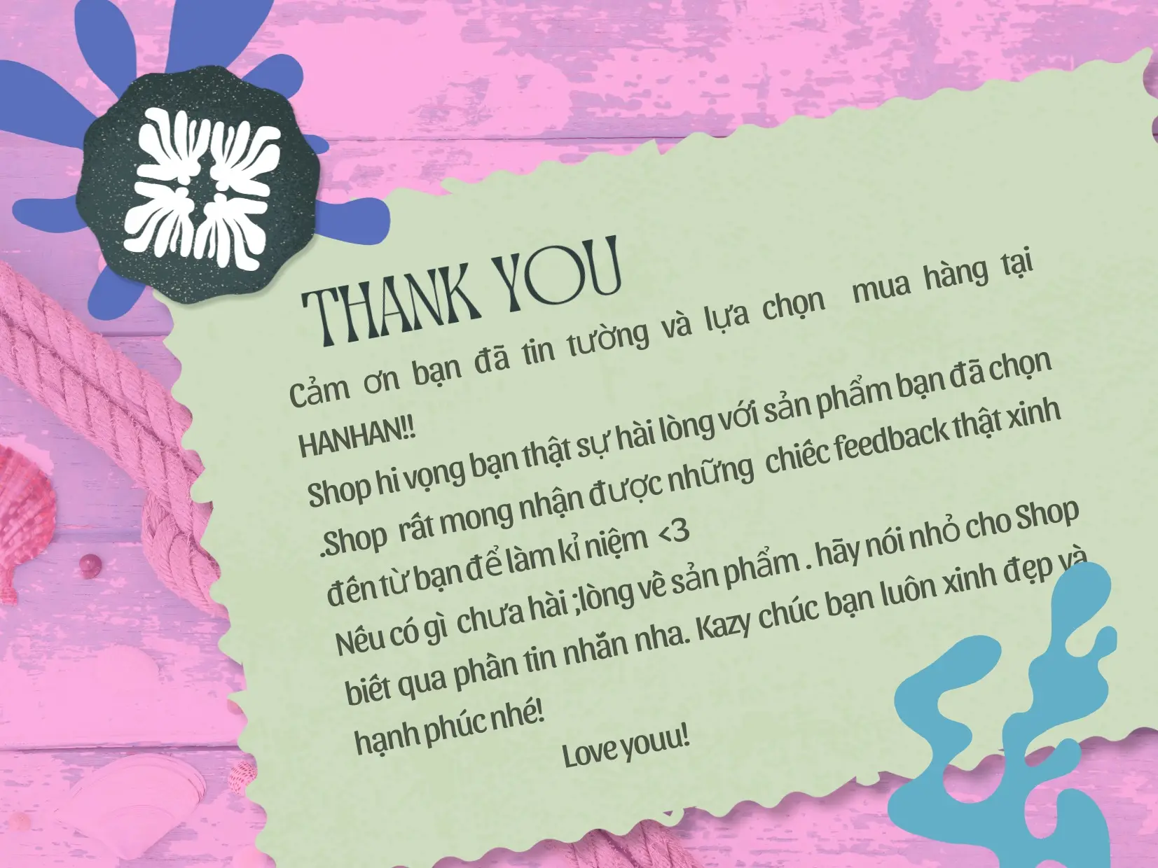 Thư cảm ơn_ Phiếu bảo hành của shop HANHAN