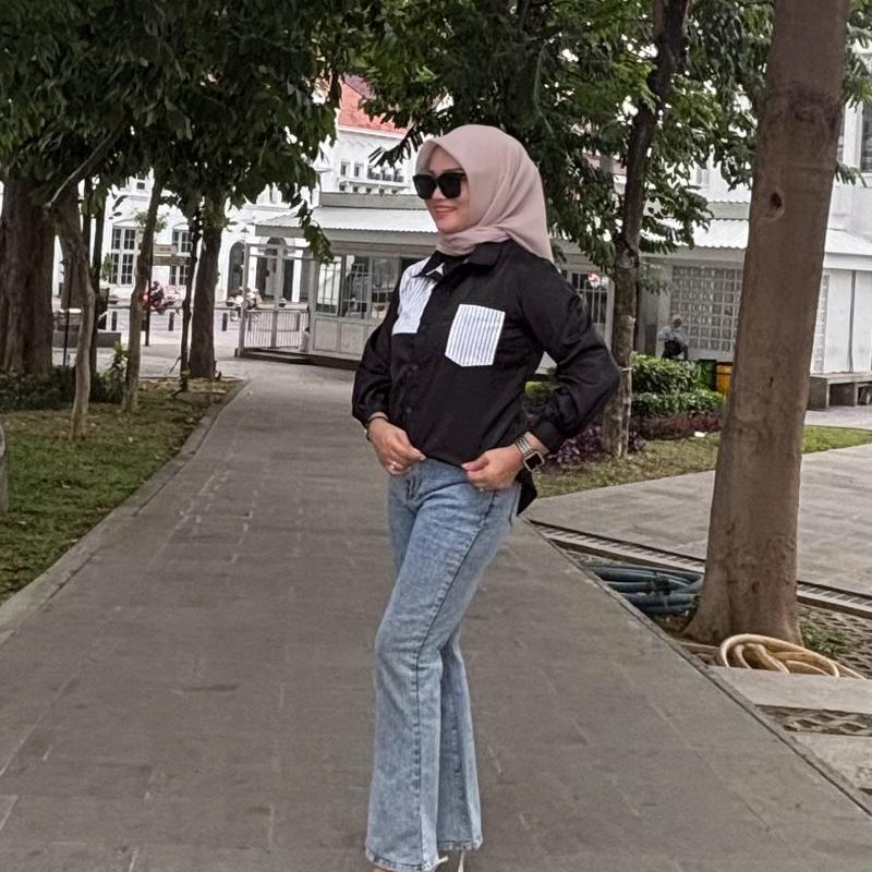 Kemeja Wanita Kombinasi Salur Lengan Panjang - Baju Katun 1