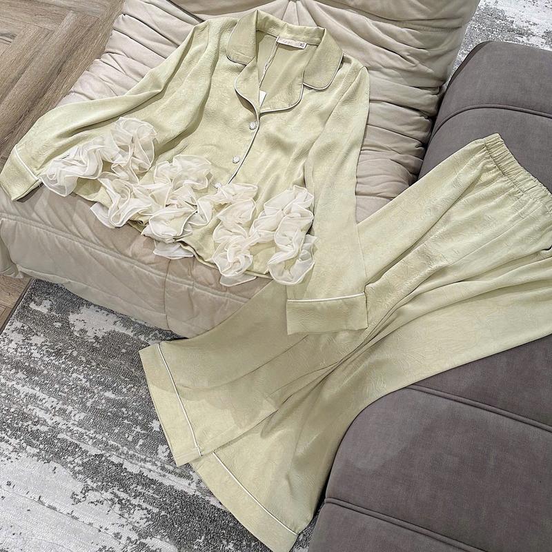  N532- Pijama dài tay tiểu thư cúc ngọc phối voan tơ hoa zizac cho nữ hàng LYLY- Bộ ngủ mặc nhà hàng quảng châu cao cấp 