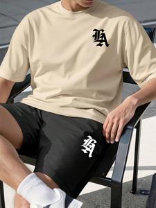 メンズラウンドネックスポーツカジュアルセット（夏向け）／プリントTシャツ＋ドローストリングショーツ、デイリーレジャー用、セットアップ