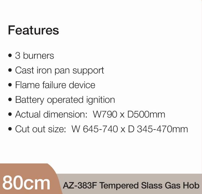 Aerogaz 80cm Tempered Glass Gas Hob with 3 Burners AZ-383F 2
