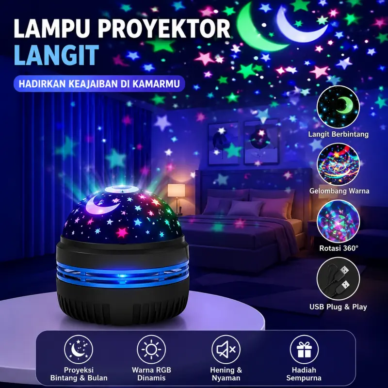 Lampu Proyektor Bintang 360° | Lampu Tidur Bintang 360°| Dekorasi Pesta & Kamar | Lampu Galaxy LED