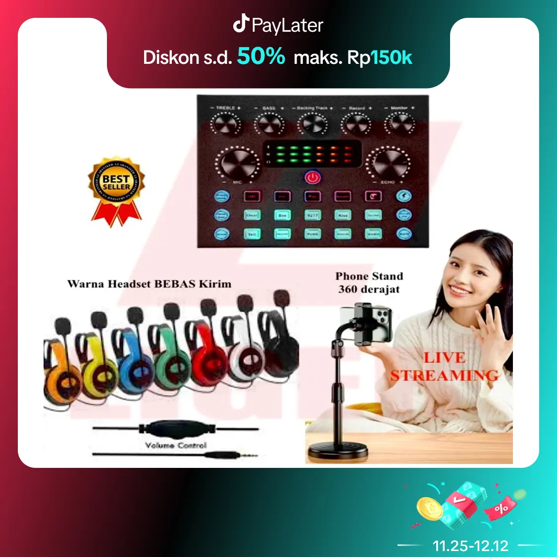 Paket live streaming sound card v8s MIKO + phone stand 360derajat + headset microphone LIGER Alat Audio Kartu Soundcard bisa di sambungkan ke speaker aktif dan Laptop