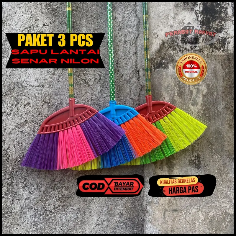 PAKET SAPU 3 IN 1 SAPU SENAR PEL & WIPER @3 ALAT BERSIH PLUS GAGANG PLASTIK serat nilon dengan gagang Lantai 4