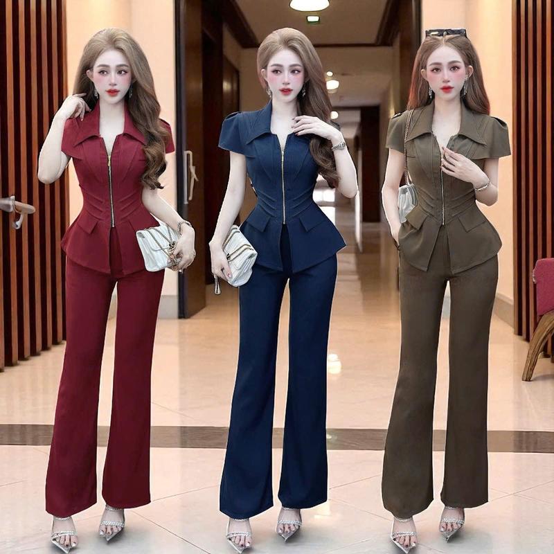 * Quần dài 102cm Set quần áo CRAZYTEEN S6410 gồm áo peplum và quần loe để đi chơi Áo kiểu Quần ống loe Set đồ nữ đẹp