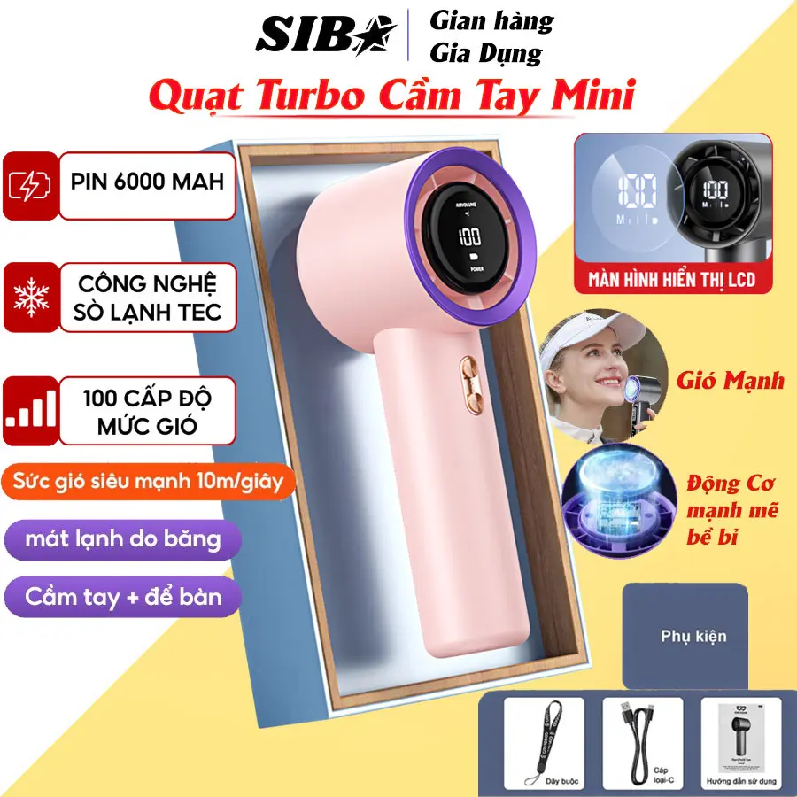Quạt Mini Cầm Tay TuBo LED – Động Cơ Không Chổi Than, Gió Mạnh, Pin Dung Lượng Lớn