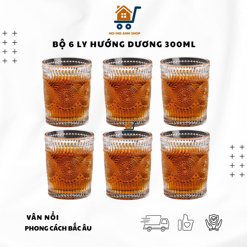  Bộ 6 Ly Thủy Tinh Hoa Hướng Dương 300ml – Chịu Nhiệt Vân Nổi Phong Cách Bắc Âu 
