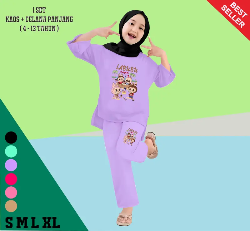 Setelan Kaos Anak Perempuan Celana Panjang Labubu Cafe Fashion Usia 4-13 Tahun Baju 3