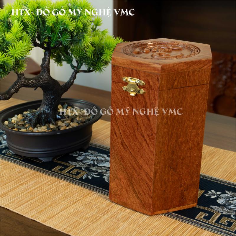  Hộp Đựng Chè Trà Bằng Gỗ Hương   Khắc Chữ Phúc Lục Giác  Độc Đáo 