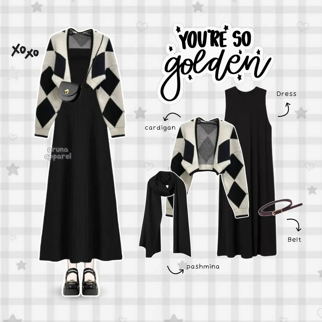 Aruna - 4in1 One Set Hijab Korean Style OOTD Hijab Dress Hitam Outfit Remaja Kekinian Outfit Bukber Ngabuburit Hangout Nongki - Set AA367 Muslim Wanita Setelan Lebaran
