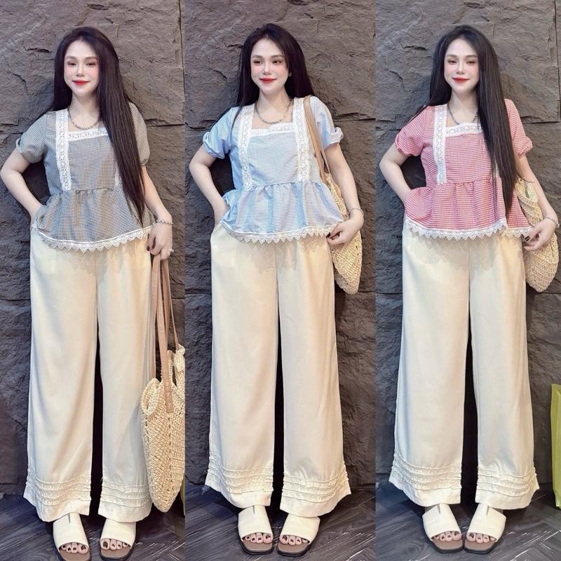 Sét bộ đồ nữ áo babydol tiểu thư phối ren cổ vuông xinh xắn phối quần suông dài với 3 tone màu  dễ thương cho nàng đi chơi