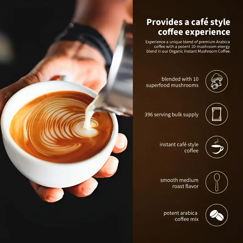 Product Introduction of HiPlus Organic Instant 10-in-1 Mushroom Coffee Powder, 14oz | Weight & Immune Support | Premium Arabica Coffee with Lion’s Mane, Chaga & Reishi 10