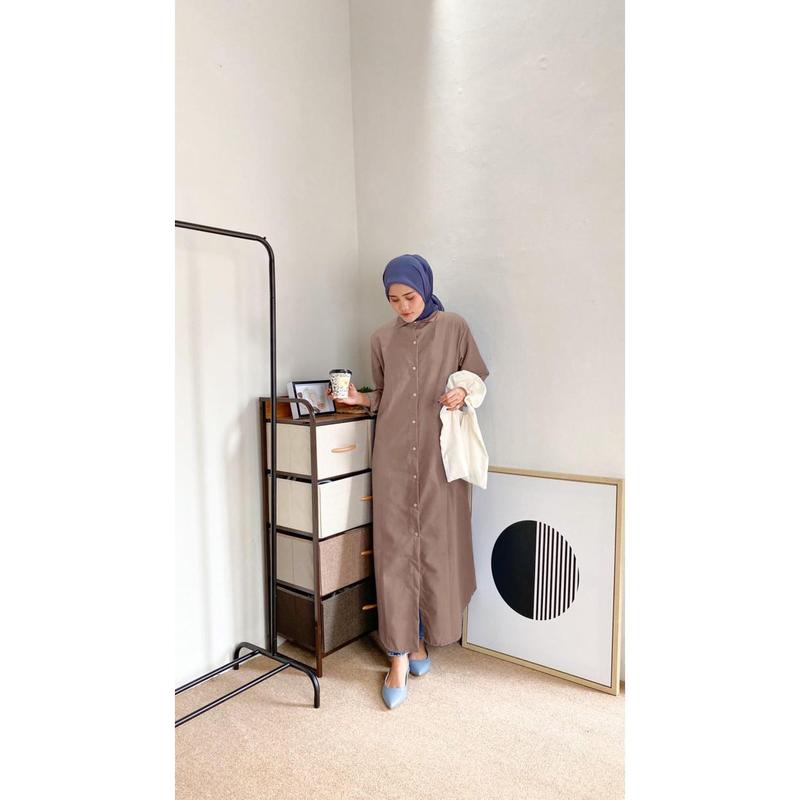 Shirt Dress Muslimah/Dress Kemeja Panjang/maxi Dress Polos kasual - denim blue, One Size 5