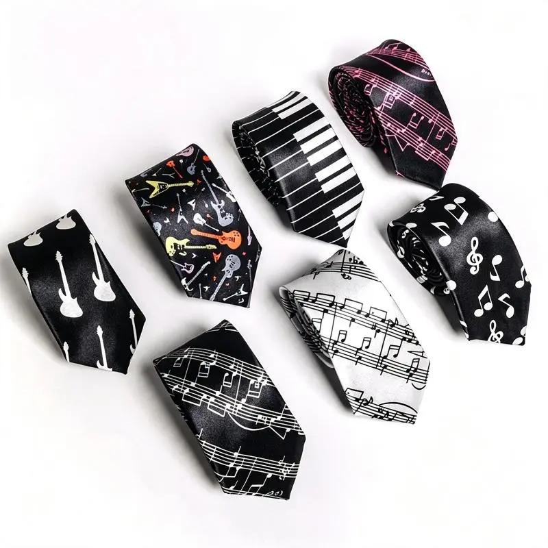 Cổ Điển Âm Nhạc Ghi Chú In Mượt Hẹp Cà Vạt Đàn Piano Guitar Unisex Quan hệ Quà…