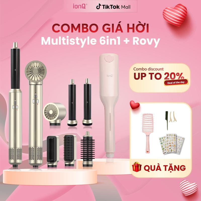 Combo Máy sấy tóc tạo kiểu 6 trong 1 ionQ MultiStyle 400 triệu ion âm và Máy uốn tóc Hippie ionQ Rovy 32mm chăm sóc tóc