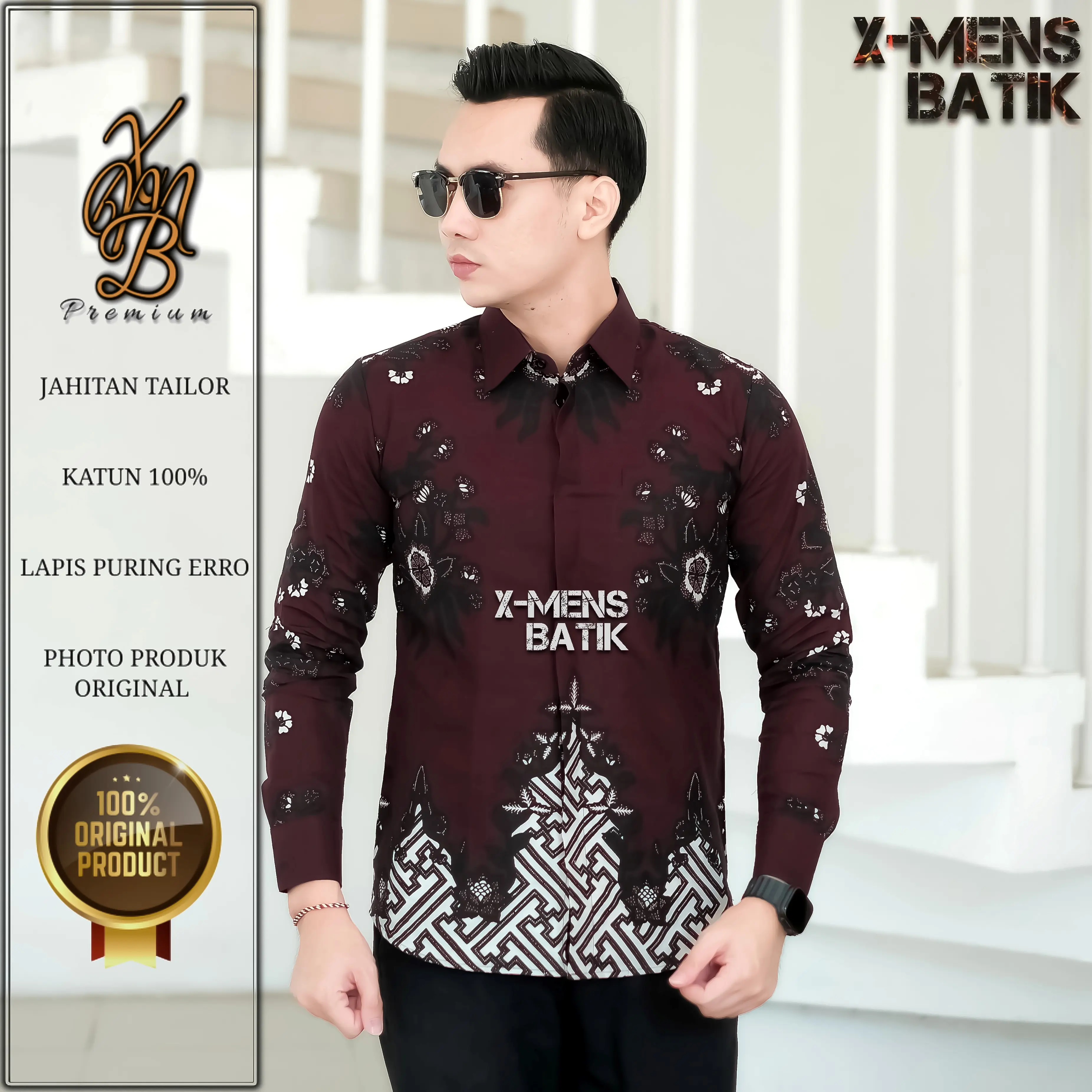 Kemeja batik slimfit pria premium lapis puring motif pradhika manggala maroon burgundy