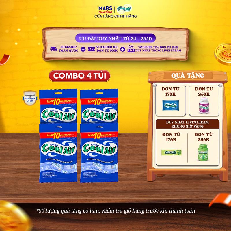 Combo 4 Túi Kẹo Candy Sing-Gum Cool Air Hương Bạc Hà - Khuynh Diệp (400 + 40 Gói x 2 Viên Kẹo)
