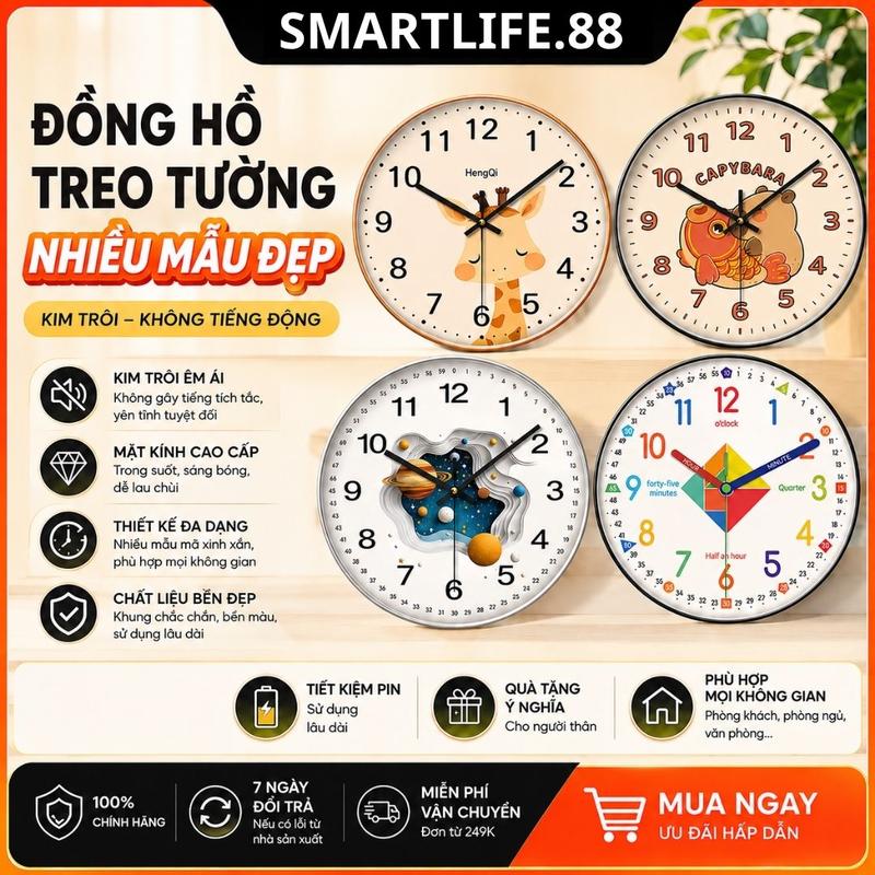 Đồng hồ treo tường trang trí decor kim trôi không tiếng động 20cm cho phòng…