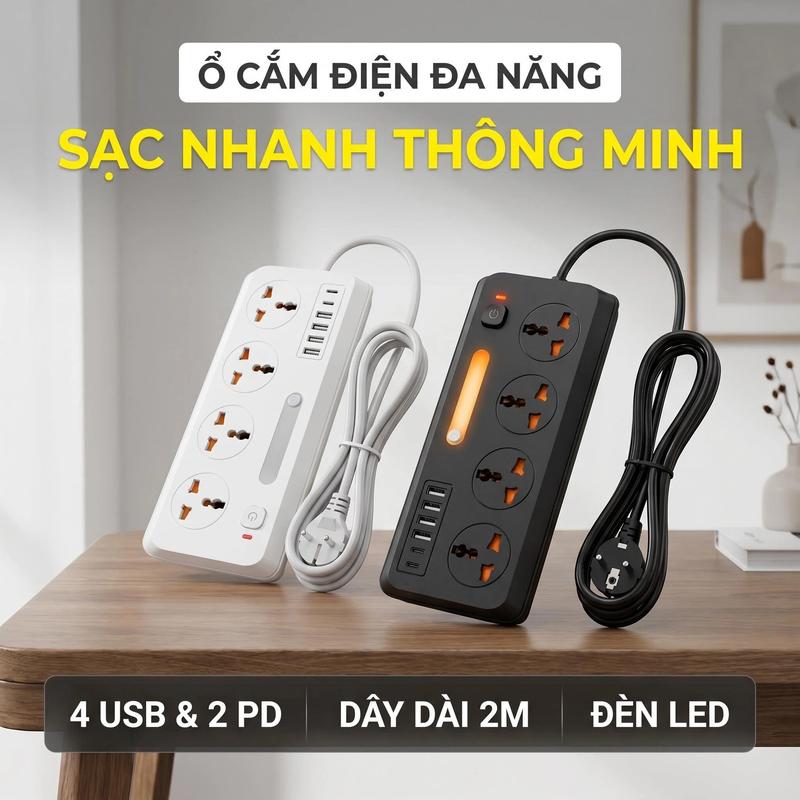 Ổ điện đa năng, Ổ cắm điện thông minh 4 cổng USB +2 cổng Type-c sạc nhanh 4.4A an toàn chống giật,chống cháy nổ dây dài 2M Có đèn LED Có thể treo Có thể treo