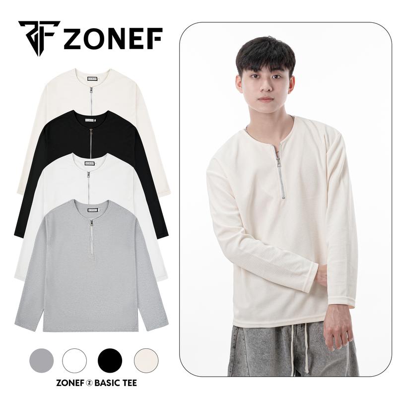 [ COMBO 2 Áo Thun Trơn Cổ Zip ] Dài Tay chất liệu cotton tổ ong Basic- Áo Thun Nam Nữ Thu Đông Menswear Cổ Zip