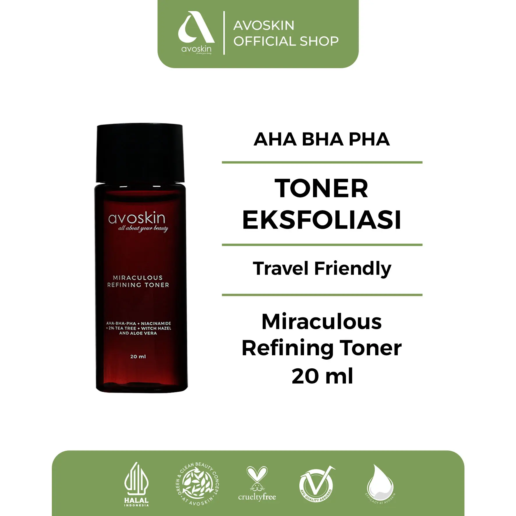 Travel Toner Avoskin Miraculous Refining 20ml-AHA BHA PHA-Eksfoliasi Wajah