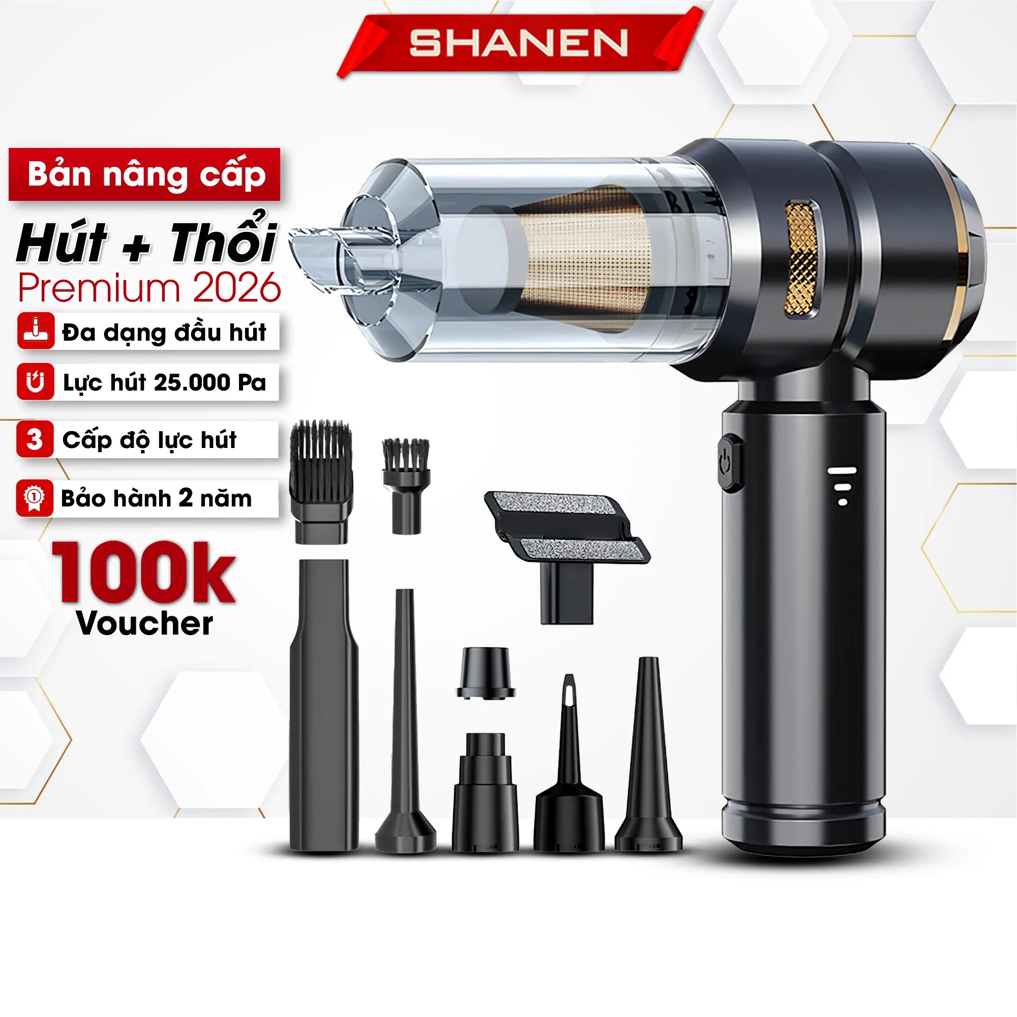 Máy hút bụi cầm tay mini SHANEN, 3 cập độ gió, lực hút 25000Pa, Bảo hành 24 tháng