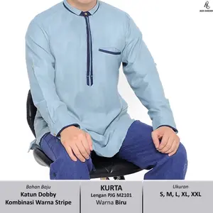 Baju Koko Kurta Dewasa Lengan Panjang Biru Katun Muslim M2101